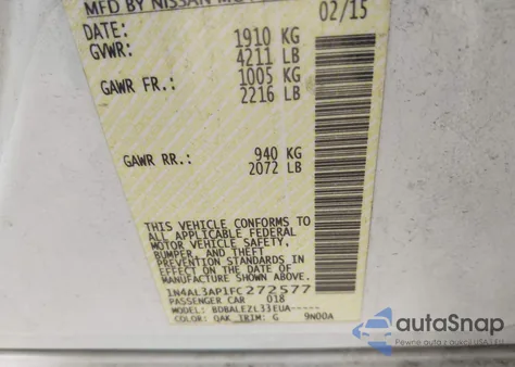 2015 Nissan Altima 2.5/2.5 S/2.5 Sl/2.5 Sv from USA, damaged, VIN 1N4AL3AP1FC272577